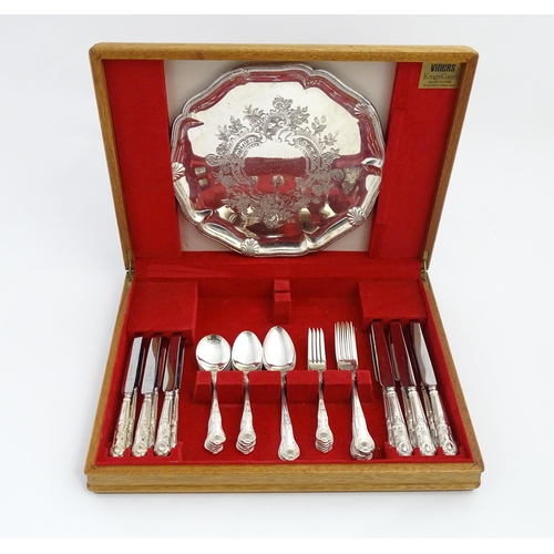 630 - A cased set of silver plate flatware / cutlery by Viner's Ltd. with salver engraved Silver Jubilee C... 