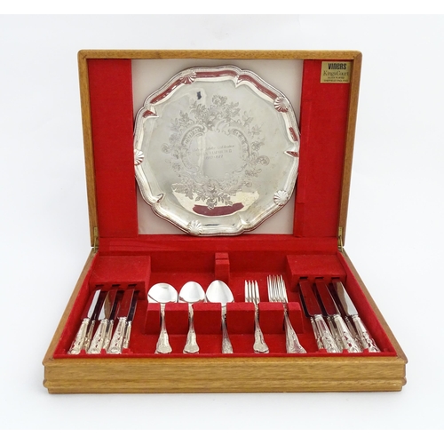 630 - A cased set of silver plate flatware / cutlery by Viner's Ltd. with salver engraved Silver Jubilee C... 