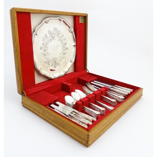 630 - A cased set of silver plate flatware / cutlery by Viner's Ltd. with salver engraved Silver Jubilee C... 