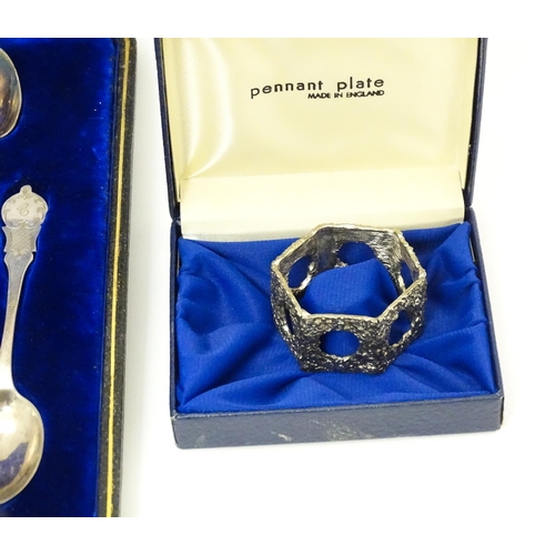 638 - A cased set of twelve silver plate teaspoons with sugar tongs en suite. The case marked Jeweller & W... 