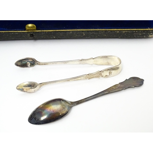 638 - A cased set of twelve silver plate teaspoons with sugar tongs en suite. The case marked Jeweller & W... 