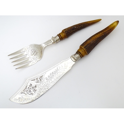 639 - A cased set of antler handled steak knives and forks. Retailed by Fortnum & Mason. Together with ant... 