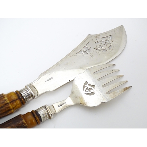 639 - A cased set of antler handled steak knives and forks. Retailed by Fortnum & Mason. Together with ant... 