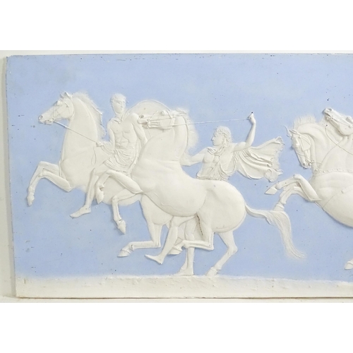 162 - Two frieze panels / plaques in the Wedgwood Jasperware style with relief decoration depicting a styl... 