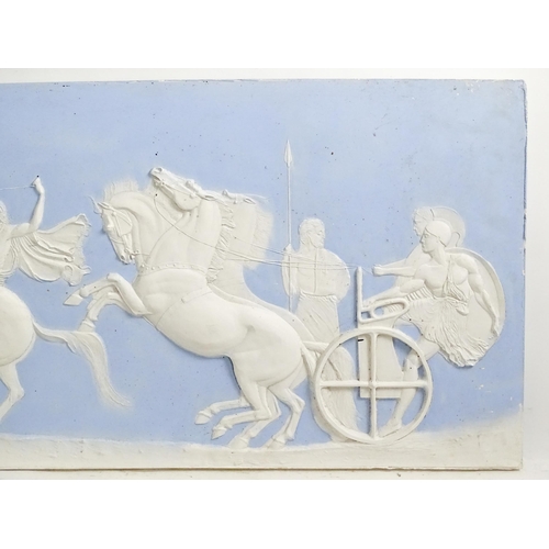 162 - Two frieze panels / plaques in the Wedgwood Jasperware style with relief decoration depicting a styl... 