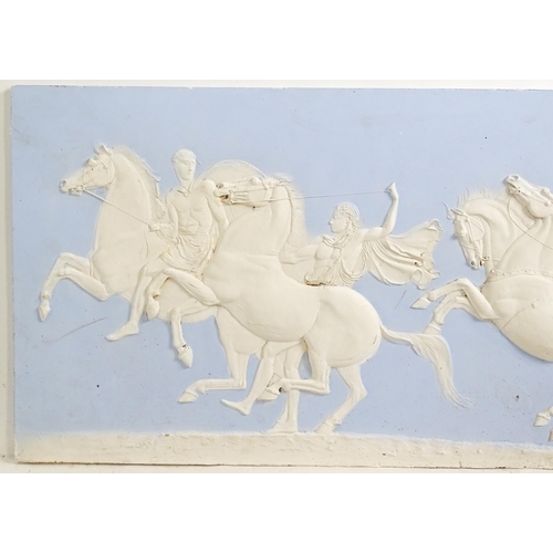 162 - Two frieze panels / plaques in the Wedgwood Jasperware style with relief decoration depicting a styl... 