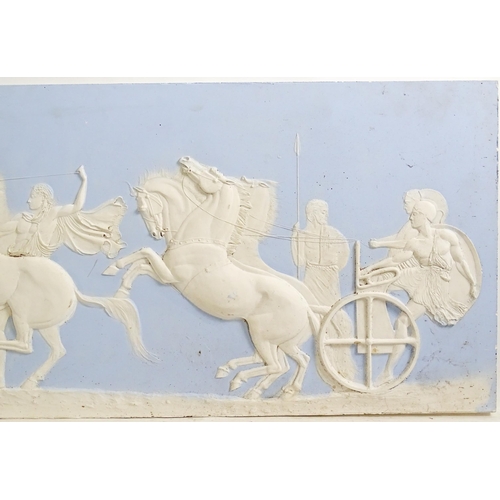 162 - Two frieze panels / plaques in the Wedgwood Jasperware style with relief decoration depicting a styl... 