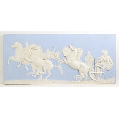 162 - Two frieze panels / plaques in the Wedgwood Jasperware style with relief decoration depicting a styl... 