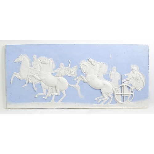 162 - Two frieze panels / plaques in the Wedgwood Jasperware style with relief decoration depicting a styl... 