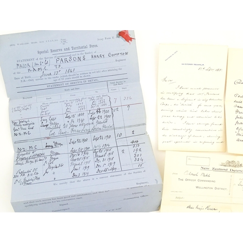 1998 - Militaria: a quantity of ephemera relating to Lieutenant-Colonel Henry 'Harry' Compton Parsons MD, N... 