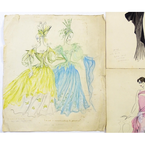 1884 - William Chappell (1907-1994), Three Watercolour and ink costume / fashion designs, to include a pink... 