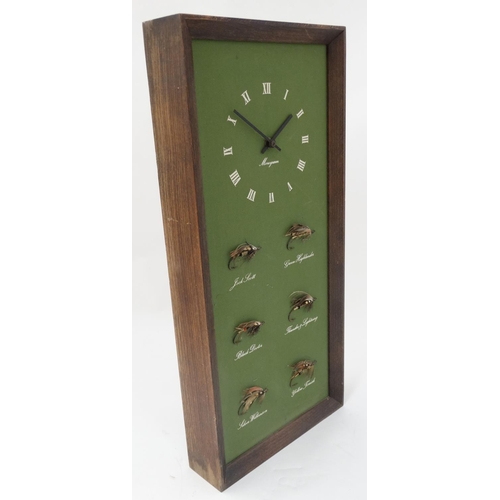 35 - Fly - Fishing : A Monogram battery wall clock with 6 mounted and named Salmon flies , measuring 22