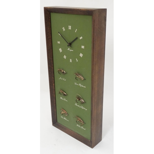 35 - Fly - Fishing : A Monogram battery wall clock with 6 mounted and named Salmon flies , measuring 22