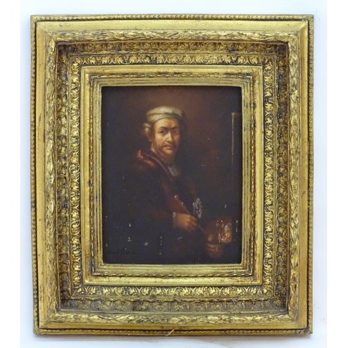 38 - After Rembrandt van Rijn (1606-1669), 20th century, Oil on board, Self portrait at his easel. Indist... 