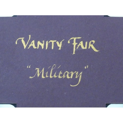 46 - Militaria: a framed group of four Vanity Fair military playing cards , each with cartoon depictions ... 