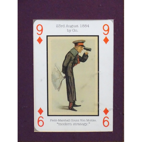 46 - Militaria: a framed group of four Vanity Fair military playing cards , each with cartoon depictions ... 