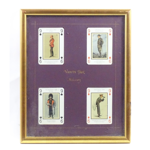 46 - Militaria: a framed group of four Vanity Fair military playing cards , each with cartoon depictions ... 