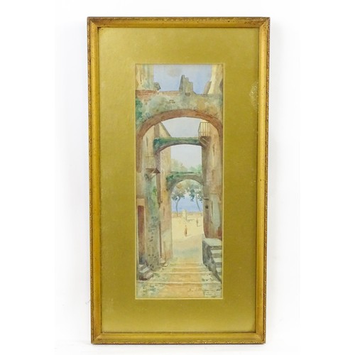 48 - Luigi Allavena (1878-1959), Italian School, Watercolour, Alley in Liguria with a view of the sea. Si... 