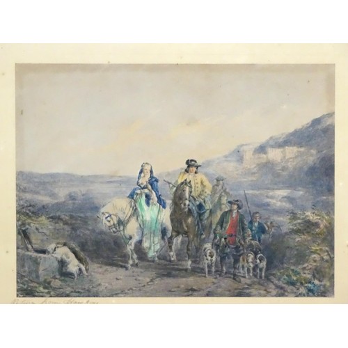 72 - A 19thC lithograph 'Return from Hawking'. In a birdseye maple frame. Approx. 13