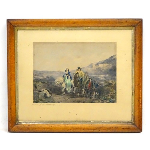 72 - A 19thC lithograph 'Return from Hawking'. In a birdseye maple frame. Approx. 13