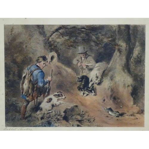 73 - A 19thC lithograph 'Rabbit Shooting'. In a birdseye maple frame. Approx. 9