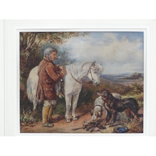 74 - A late 19th / early 20thC watercolour depicting a man with a horse and two dogs in a landscape. Appr... 