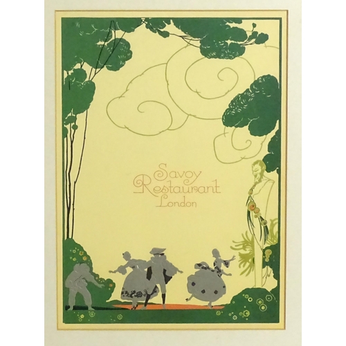 79 - A 20thC Savoy Restaurant London menu cover, illustrated with a theatrical garden scene with Pierrot ... 