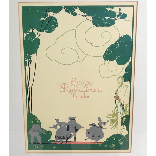 79 - A 20thC Savoy Restaurant London menu cover, illustrated with a theatrical garden scene with Pierrot ... 