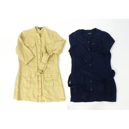 84 - Vintage fashion / clothing: 2 Ralph Lauren belted shirt dresses comprising a silk dress in navy with... 