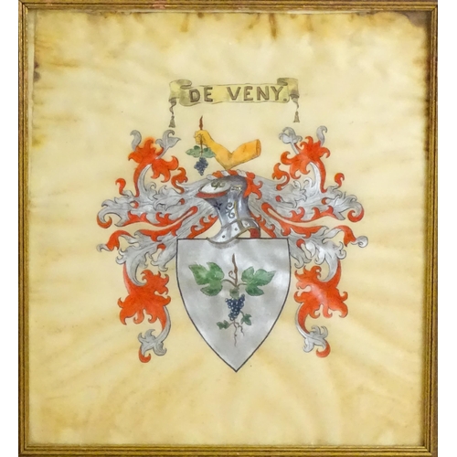 97 - A late 19th / early 20thC painted armorial / heraldic coat of arms comprising a shield with fruiting... 