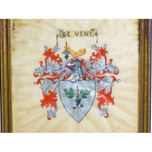 97 - A late 19th / early 20thC painted armorial / heraldic coat of arms comprising a shield with fruiting... 