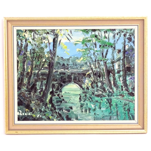 105 - Brian Rice, 20th century, Oil on board, A stone arch bridge over a wooded river. Signed and dated (1... 