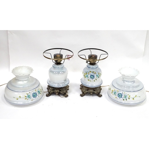 170 - A pair of Continental electric table lamps formed as oil lamps with floral decoration, each approx 2... 