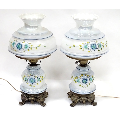 170 - A pair of Continental electric table lamps formed as oil lamps with floral decoration, each approx 2... 