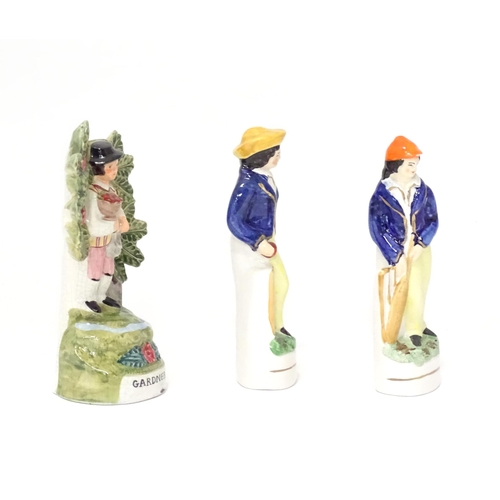 356 - Three 20thC Staffordshire pottery figures, to include two cricketers and a figure titled Gardener (3... 