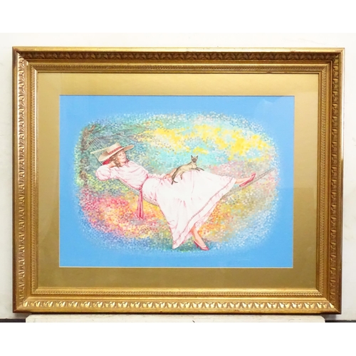 27 - A late 20thC acrylic painting depicting a young lady reclining in a hammock with a siamese cat. Appr... 