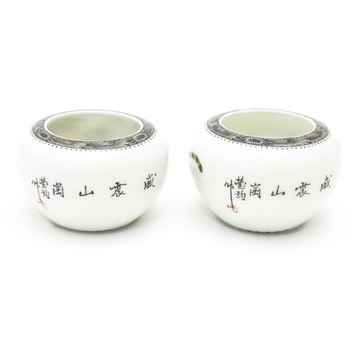 353 - A pair of Oriental ceramic salts with tiger decoration and Character script. Character marks under. ... 