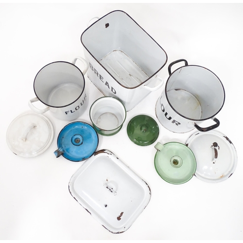 53 - Items of mid 20thC Kitchenalia, comprising a bread bin and cover, two flour bins & covers, a rice po... 