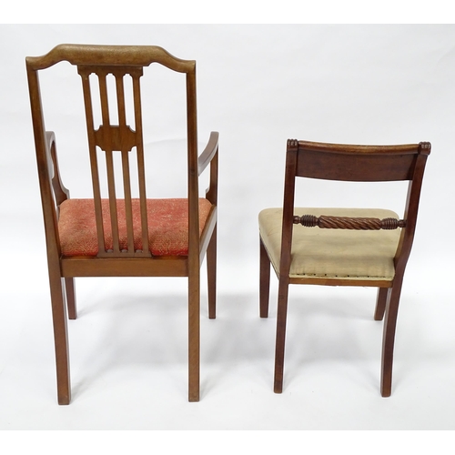 7 - A Regency period mahogany side chair together with an Edwardian mahogany elbow chair with satinwood ... 