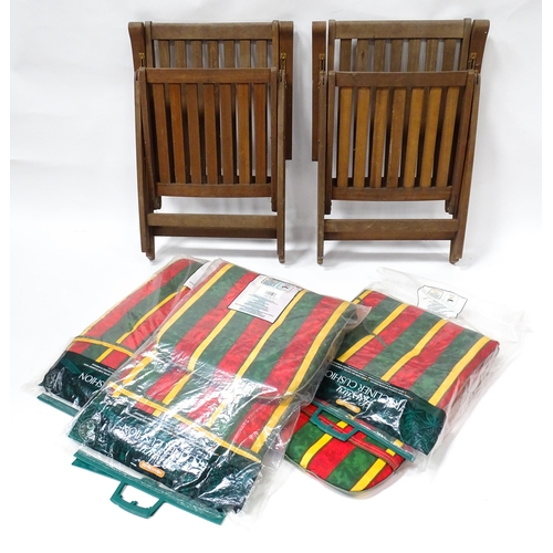 835 - Two teak garden chairs, with cushions