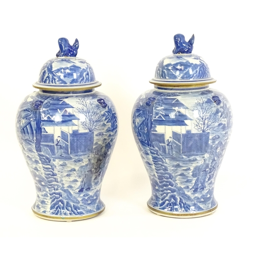 63 - A pair of large Chinese blue and white ginger jars of baluster form with continuous decoration depic... 