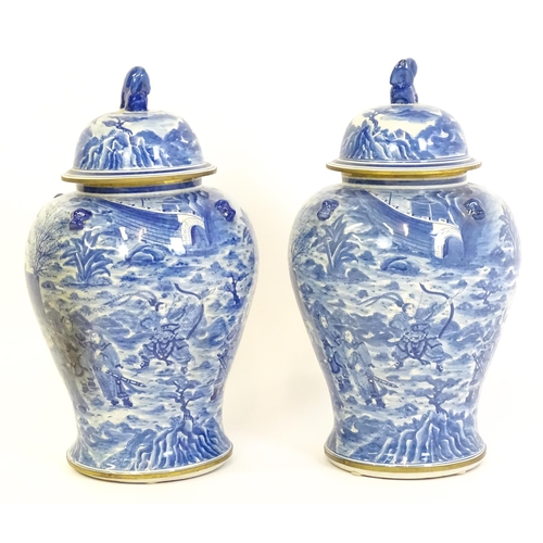 63 - A pair of large Chinese blue and white ginger jars of baluster form with continuous decoration depic... 