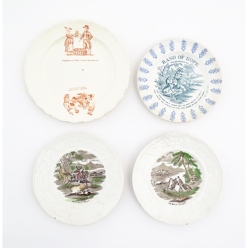 154 - Four assorted Victorian transfer printed plates to include Zebra Hunt, Buffalo Hunt, Band of Hope Th... 