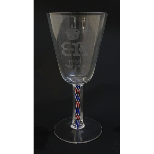 200 - An Edward VIII  commemorative coronation pedestal drinking glass with blue, white and red coloured t... 