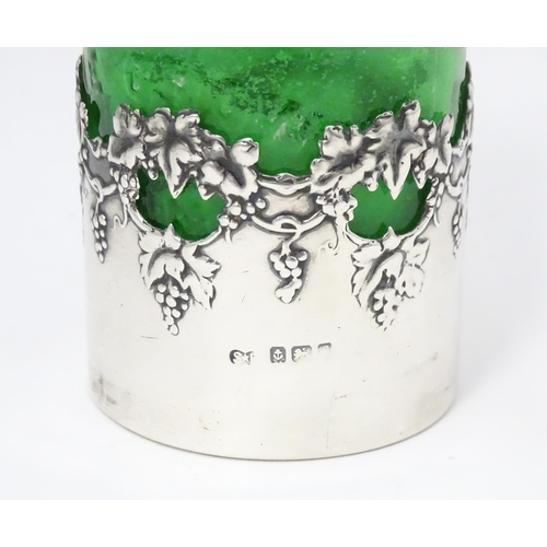 287 - The Crown Perfumery Company London : A green glass jar and stopper with silver sleeve  hallmarked Bi... 