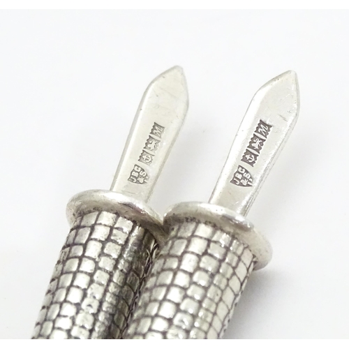 305 - A cased pair of silver novelty corn on the cob skewers / holders, hallmarked Birmingham 1961, maker ... 