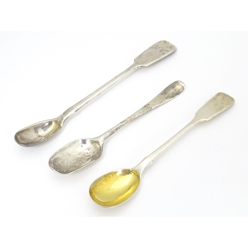 308 - Two Victorian silver fiddle pattern mustard spoons one hallmarked London 1766 maker Chawer & Co, the... 