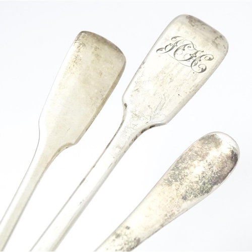 308 - Two Victorian silver fiddle pattern mustard spoons one hallmarked London 1766 maker Chawer & Co, the... 