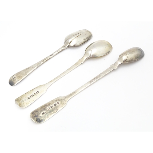 308 - Two Victorian silver fiddle pattern mustard spoons one hallmarked London 1766 maker Chawer & Co, the... 