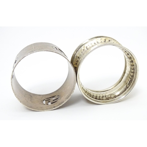 356 - Two napkin rings,  one with hammered decoration and hallmarked Birmingham 1907 maker W Turner, the o... 